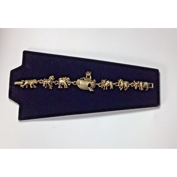 Vintage Noahs Ark Chunky Bracelet Gold Tone Link Charm Religious 7.5" Animals - Picture 1 of 4